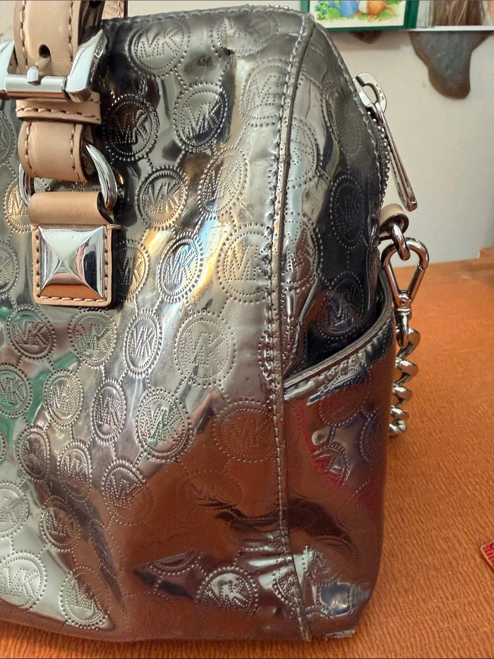 Michael Kors Metallic Silver Satchel with Cream Handles